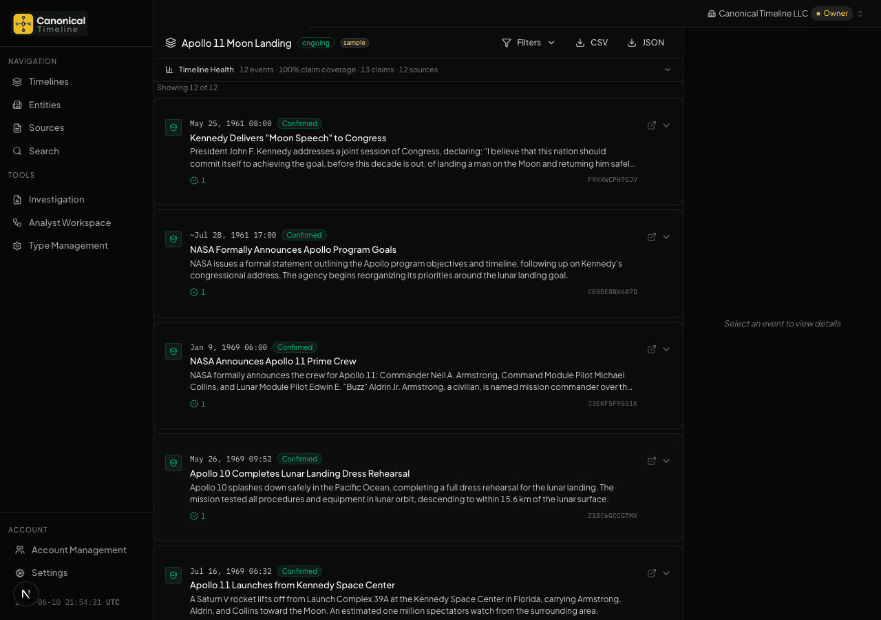 Timeline detail page showing event sequence with claims and sources